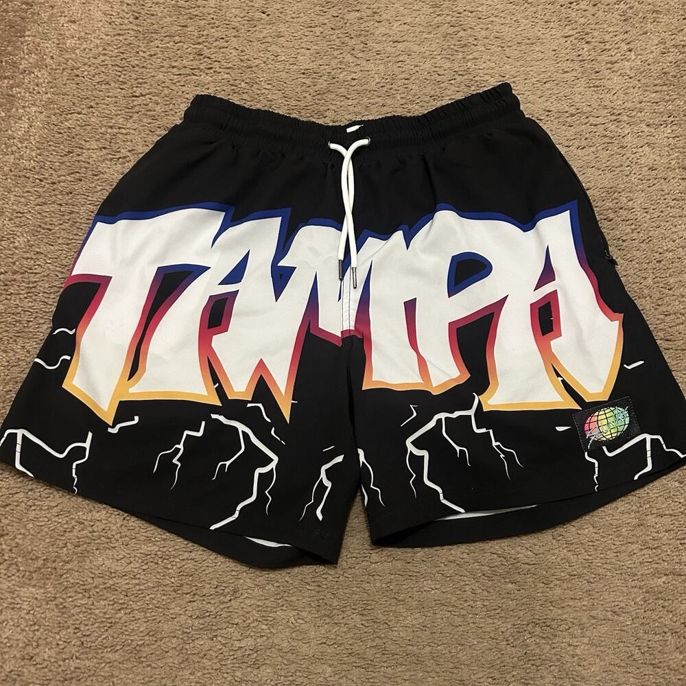 Slunks Shorts Tampa Mens Size Medium Graffiti Font with Lightning Bolt Graphic